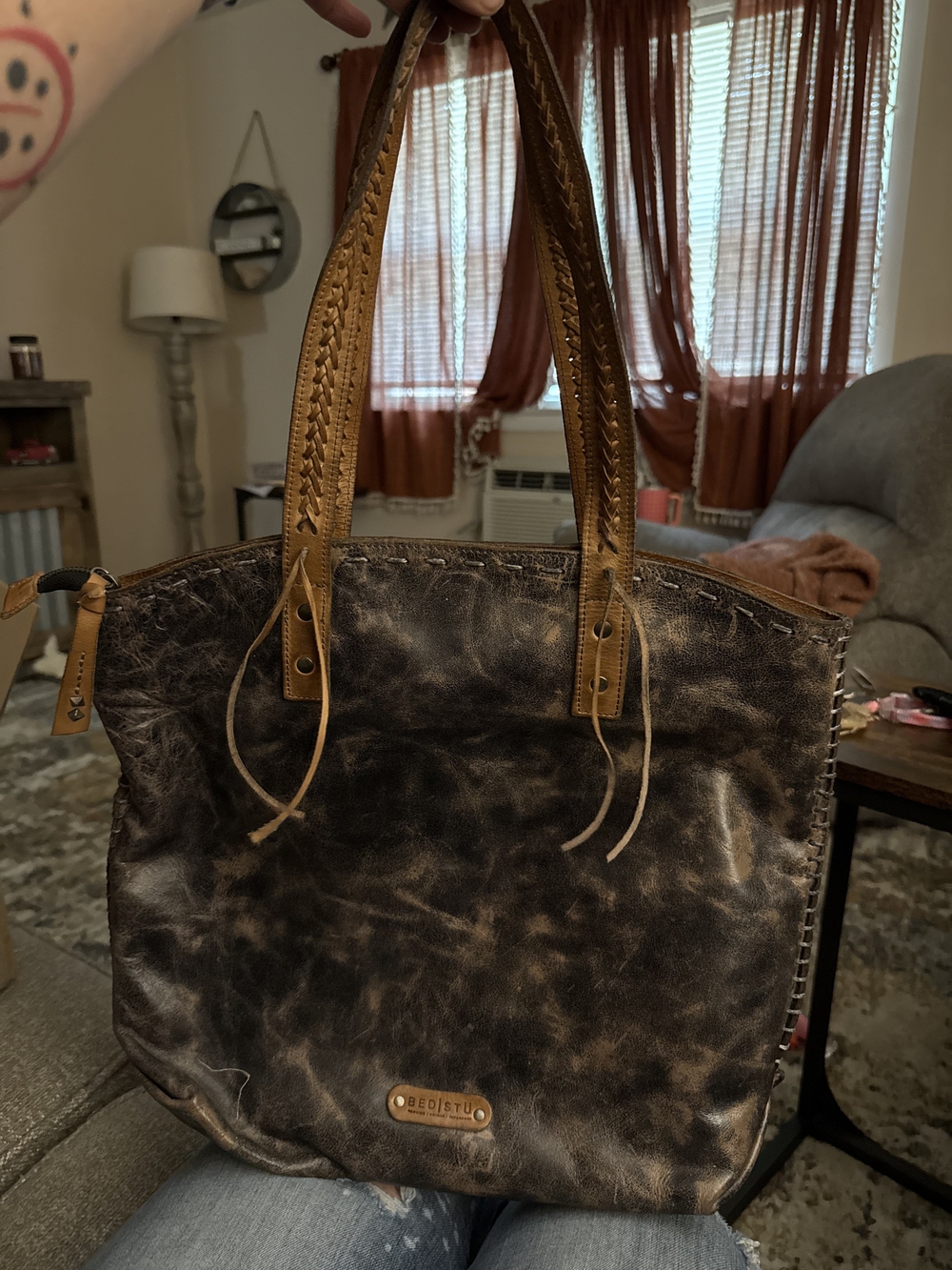BED|STU Barra Brown Distressed Leather Tote with Tan Handles